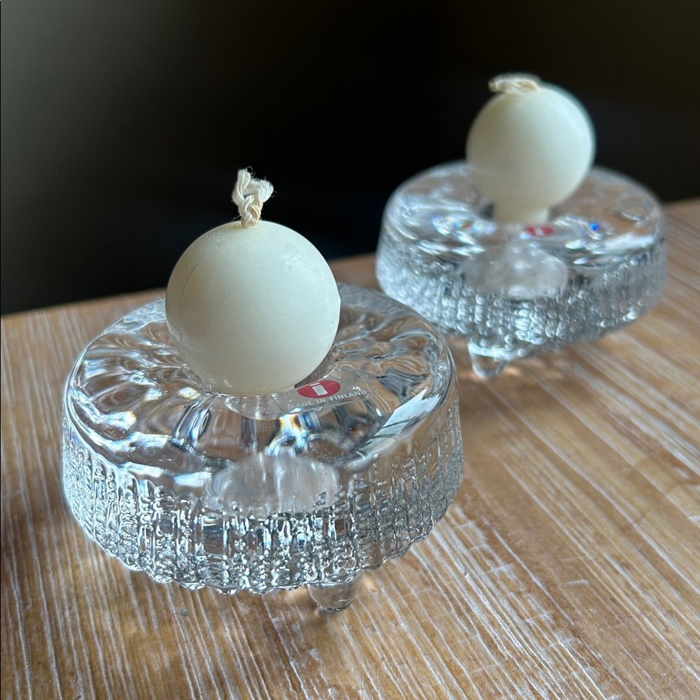 Littala Ultima Thule Glass Candle Holders 2 Candles By Tapio Wirkkala Finland.